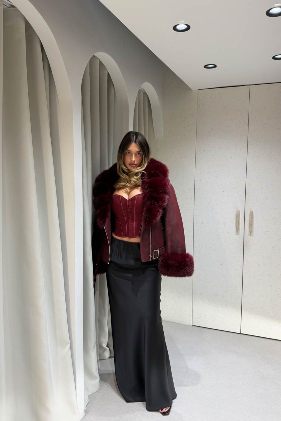 Jacket Μπορντό με Γούνινο Γιακά