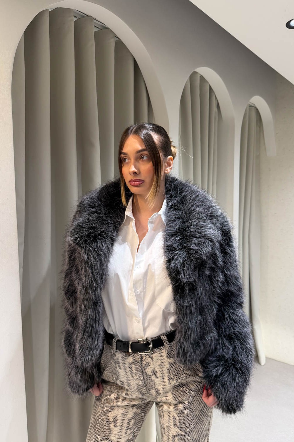 Γούνα Crop Μαυρόασπρη