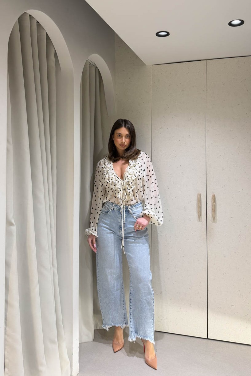 Jean Μπλε Ανοιχτό Ίσιο με Ξέφτια